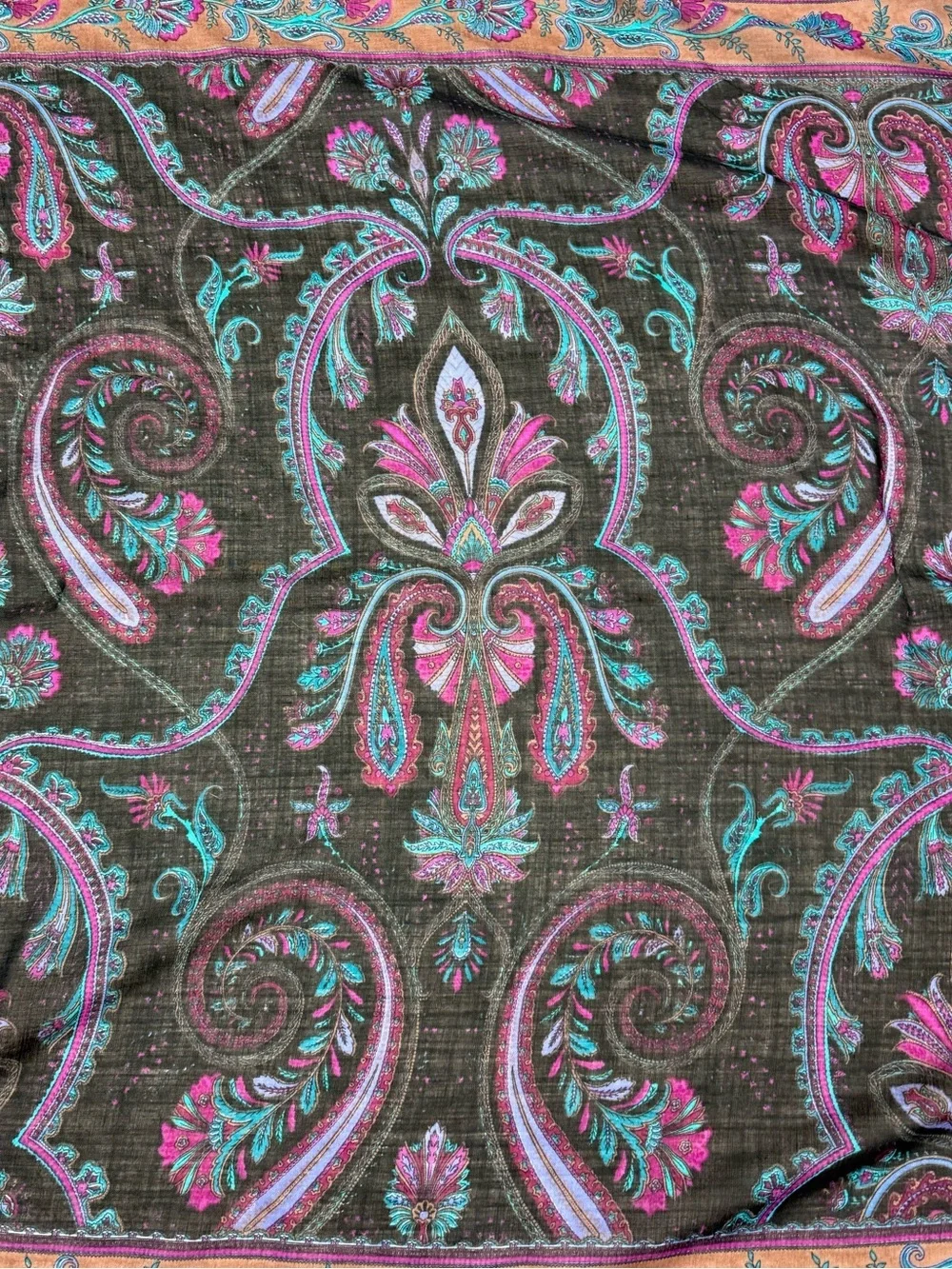 Vintage Lord & Taylor Black Paisley Large Wool Shawl Scarf Black, Fuchsia & Teal